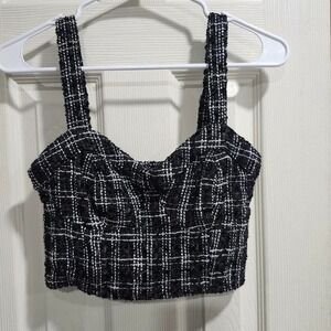 Japna Tweed Black White crop top sz M Smocked Back Structured Bustier Preppy
